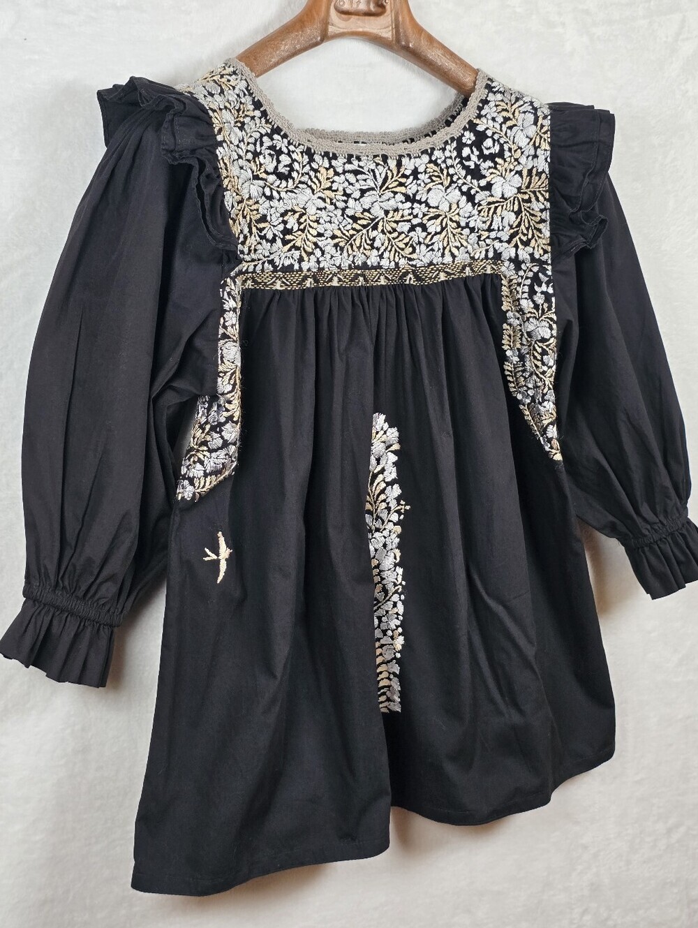 Mi Golondrina Black Floral Embroidered Blouse Sz.M Cotton Peasant Boho Top - Picture 4 of 14